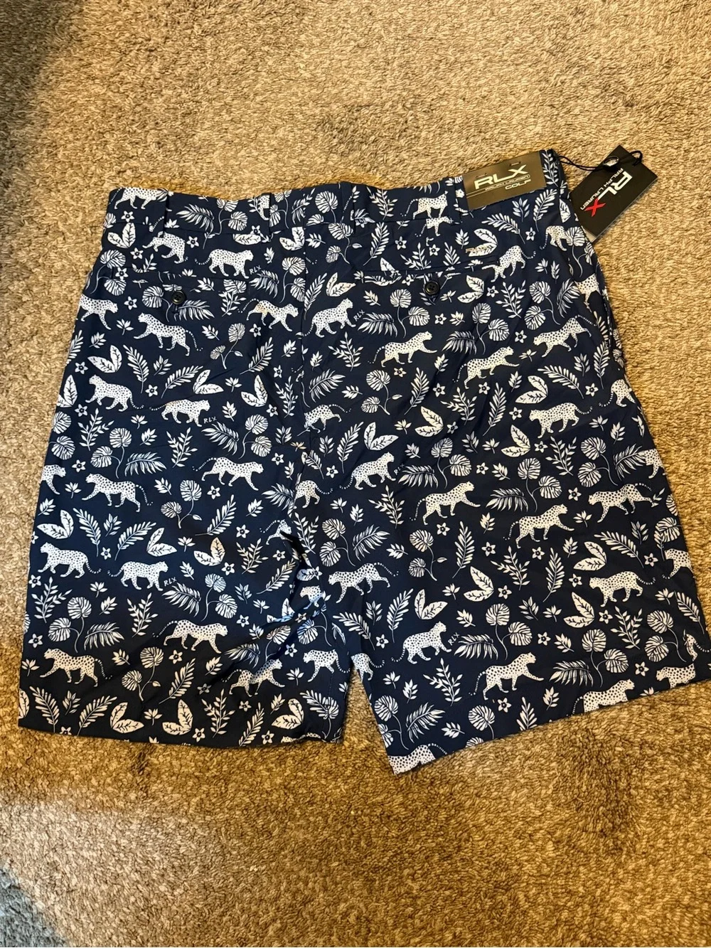RLX Ralph Lauren Navy Blue & White Printed Flat Front Shorts